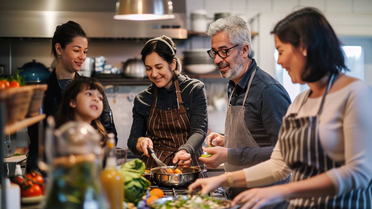 Family bonding over a cooking class in a cozy kitchen setting
