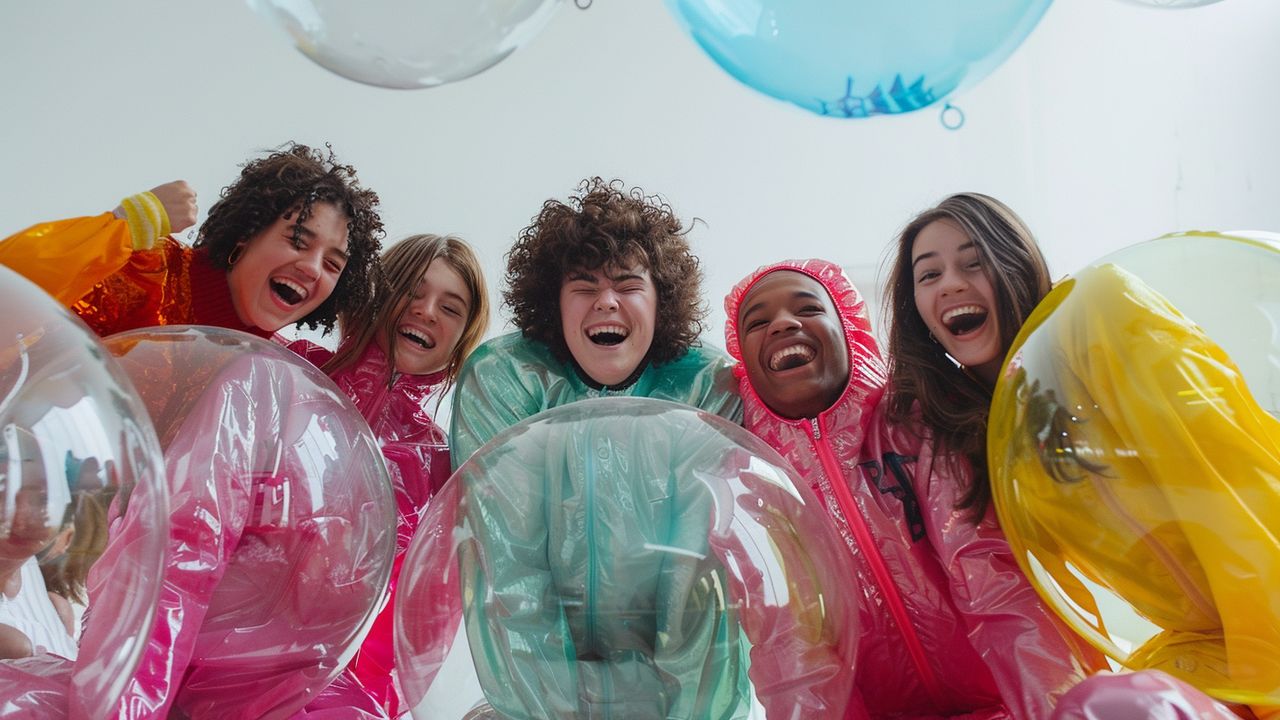 Group photo of friends in bubble suits after the game.
