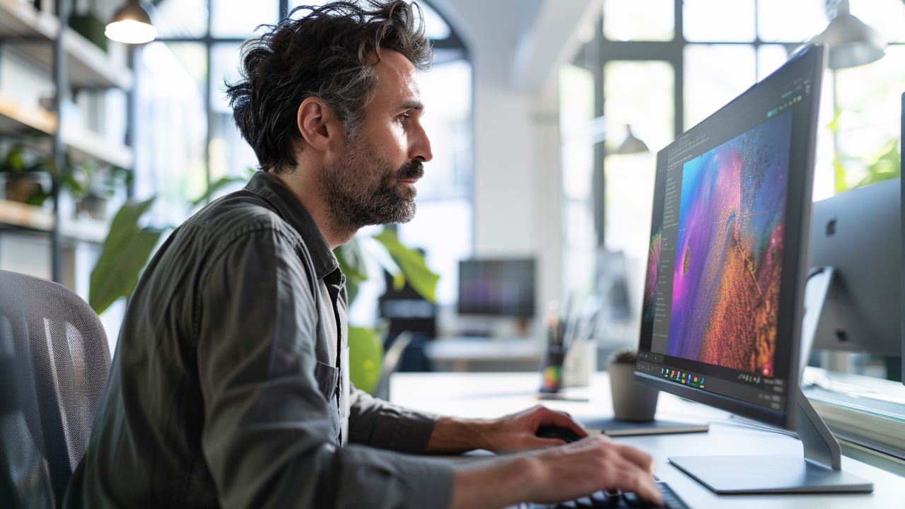 Office worker enjoying a clear view on an advanced OLED monitor.