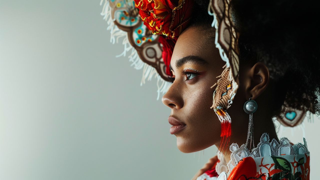 **Model wearing a Gallianoinspired outfit with eclectic cultural influences and intricate details.**