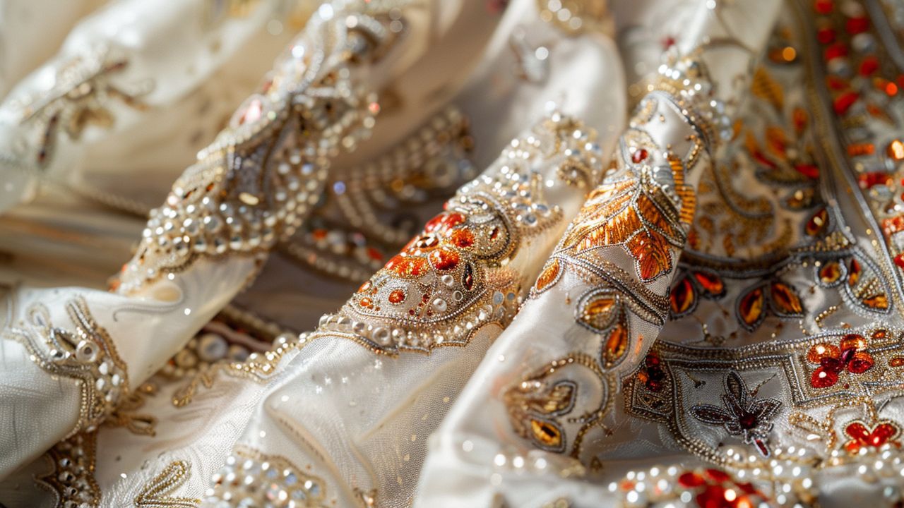 Closeup of intricate beadwork and luxurious fabrics from the collection.