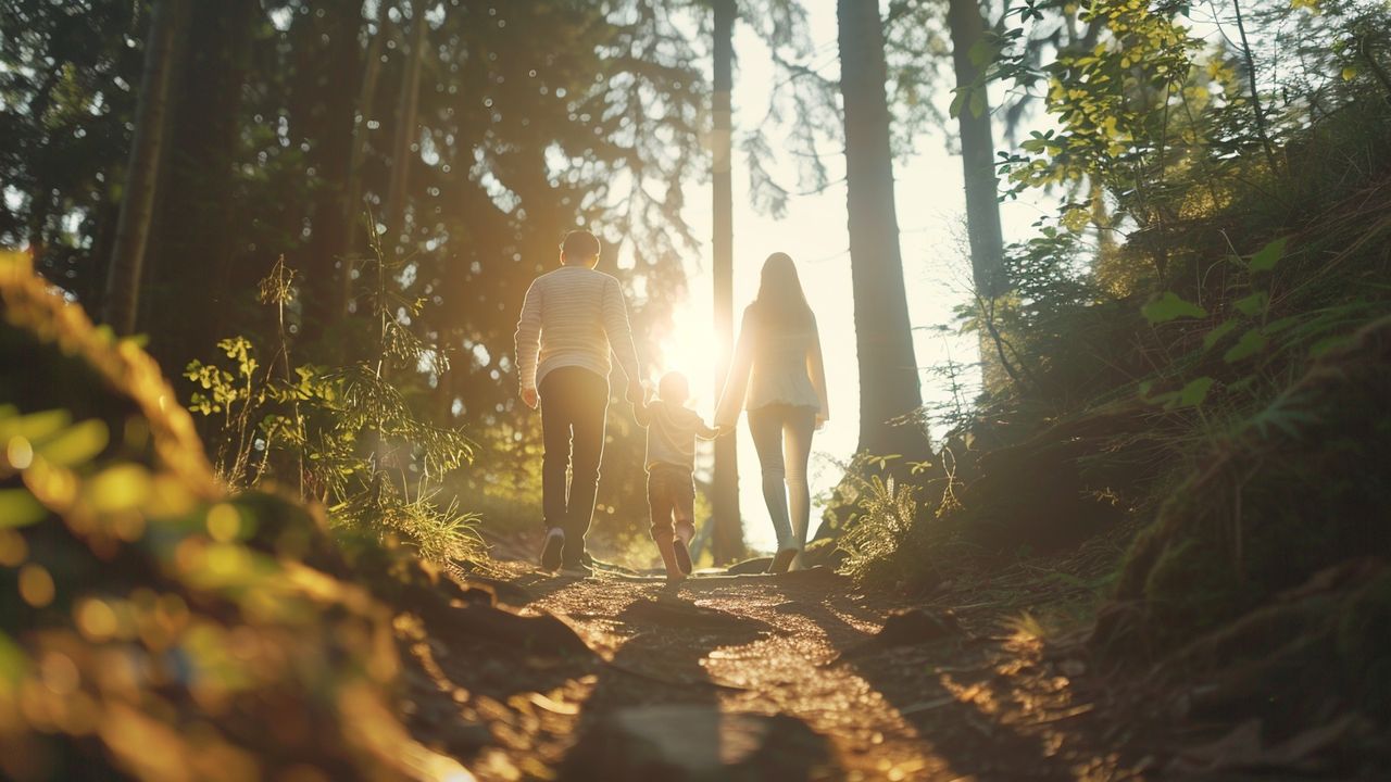 Family enjoying a nature walk in a beautiful forest.