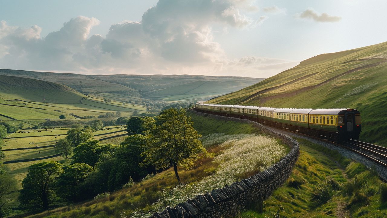 Scenic train passing through the lush green hills of Yorkshire.