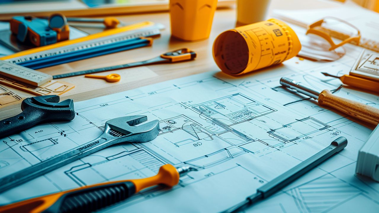 Blueprints and sketches spread out with tools around for renovation project planning.